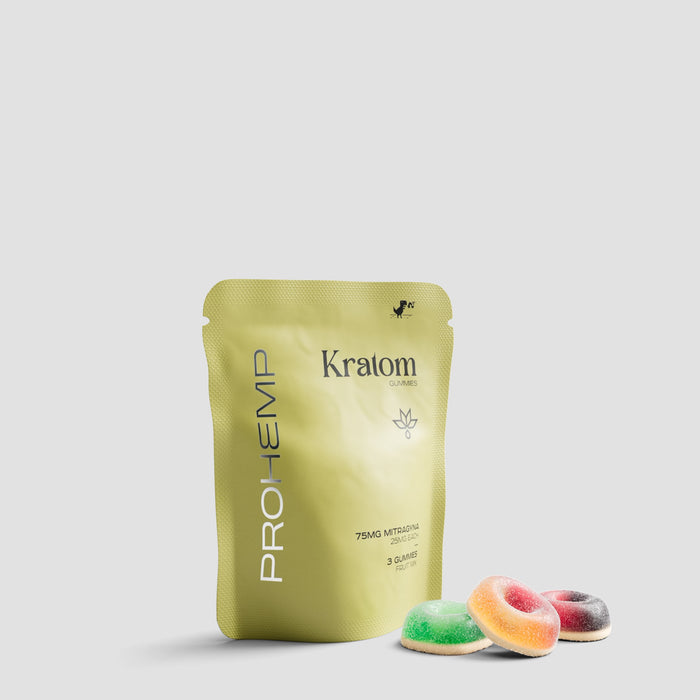 Kratom gummies fruit mix pack with three colorful sugar-coated gummies in front
