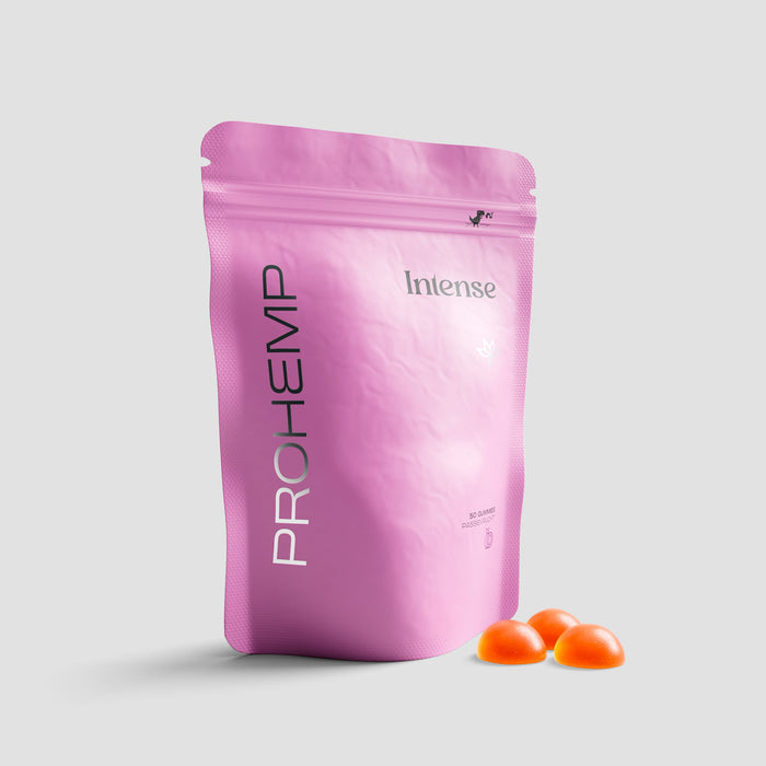 Prohemp Intense CBD gummies met passievrucht smaak, 50 stuks in roze verpakking