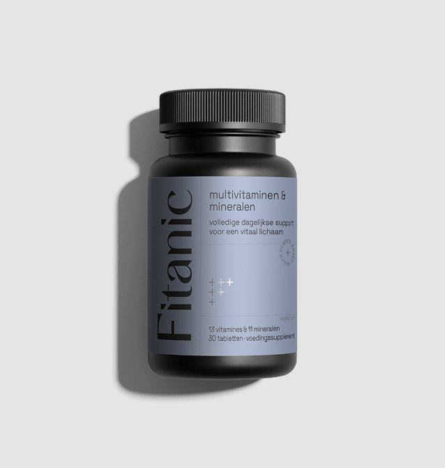 Black bottle of multivitamins and minerals supplement with a blue label on a light background.
