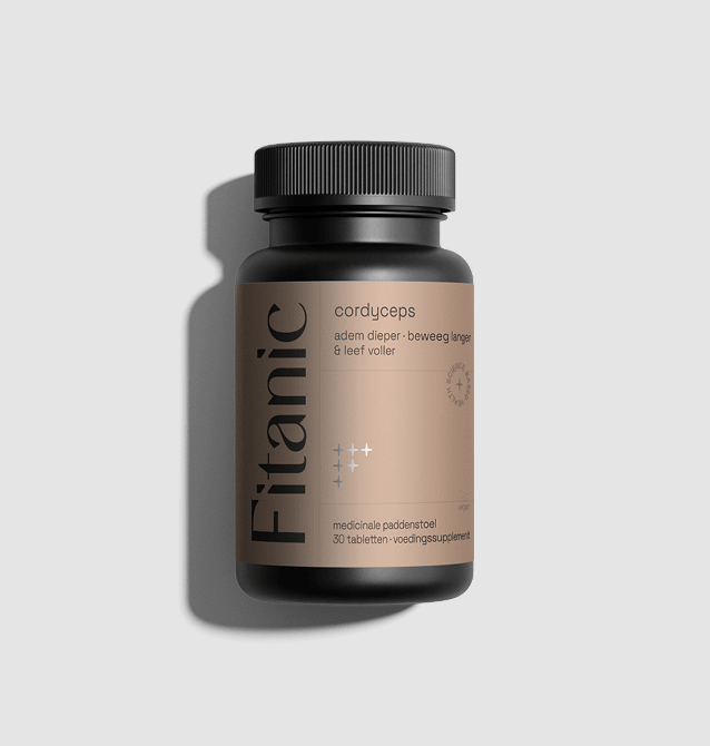 Cordyceps supplement bottle with brown label, 30 tablets, for vitality and wellness