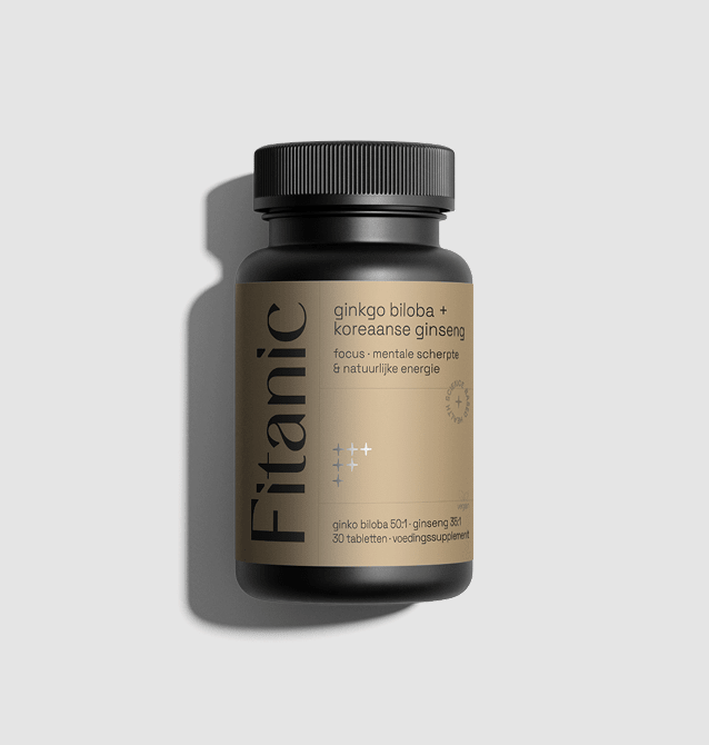 Bottle of Fitanic Ginkgo Biloba and Korean Ginseng supplement for focus and energy.