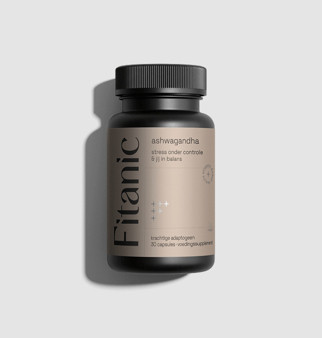 Ashwagandha supplement bottle with beige label, 30 capsules for stress control