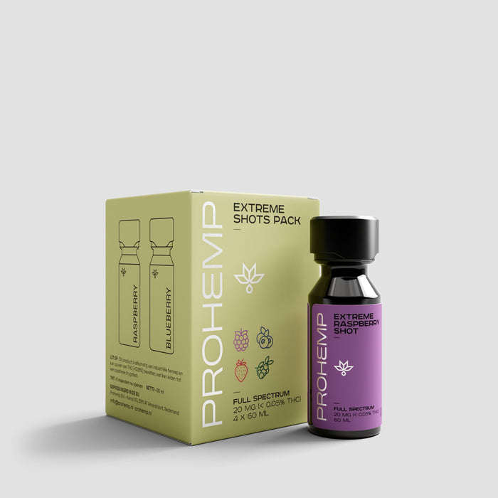 Prohemp Extreme Raspberry Shot, full spectrum CBD, 20 mg, 60 ml fles en verpakking