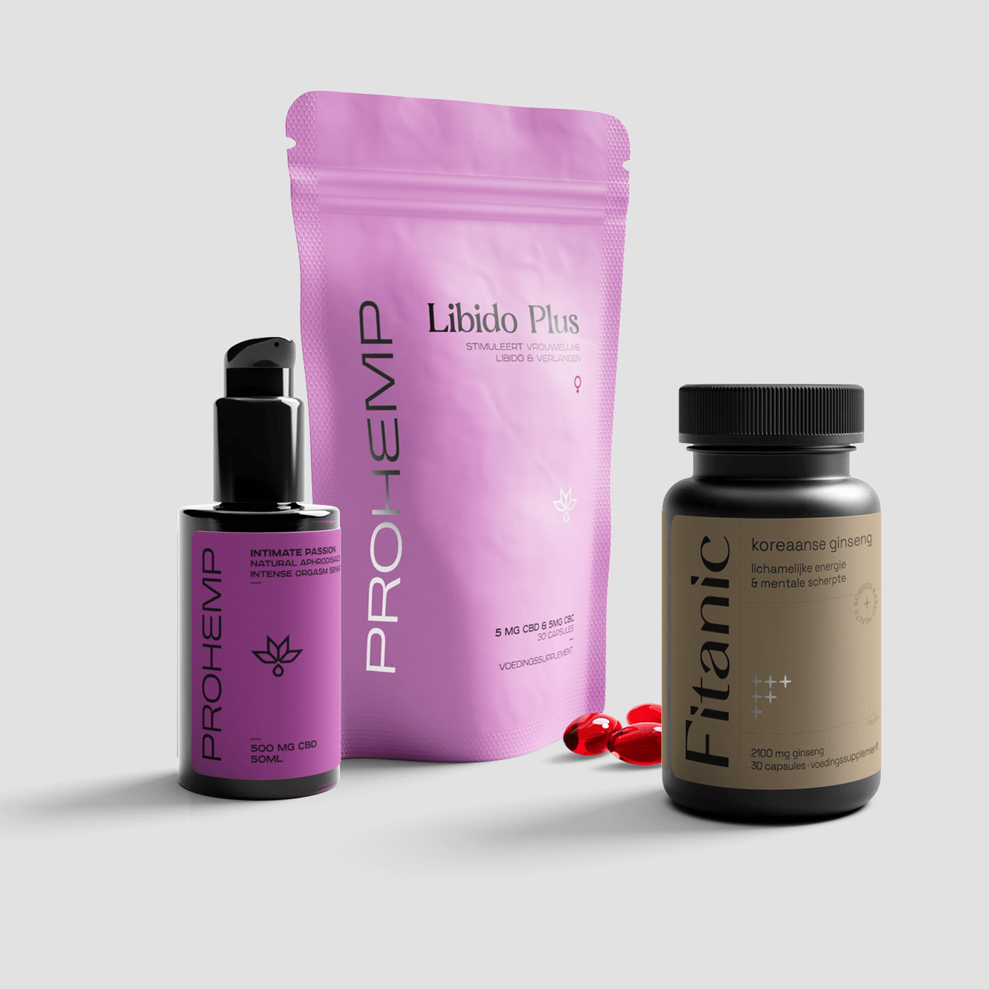 Libido Plus supplement pouch, Prohemp Intimate Passion CBD oil, and Fitanic Korean ginseng capsules for female vitality