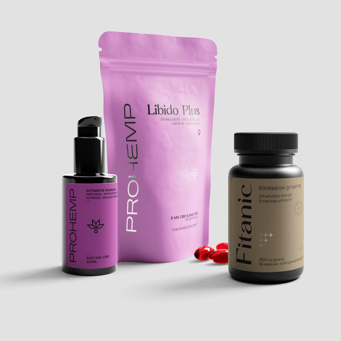 Libido Plus supplement pouch, Prohemp Intimate Passion CBD oil, and Fitanic Korean ginseng capsules for female vitality