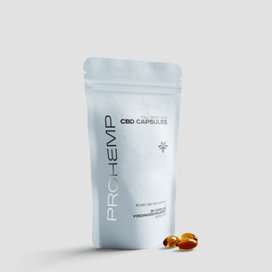 Full spectrum CBD capsules in a white resealable pouch with capsules beside the pack