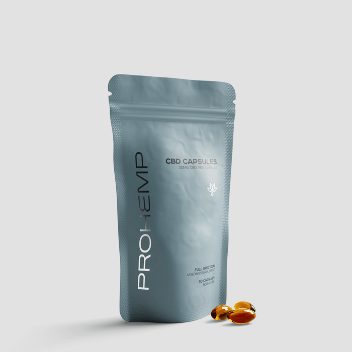 CBD capsules full spectrum 50mg in resealable pouch with capsules displayed in front