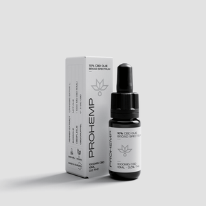 Broad spectrum 10% CBD oil 10ml dropper bottle and packaging, labeled 1000mg CBD, 0.0% THC