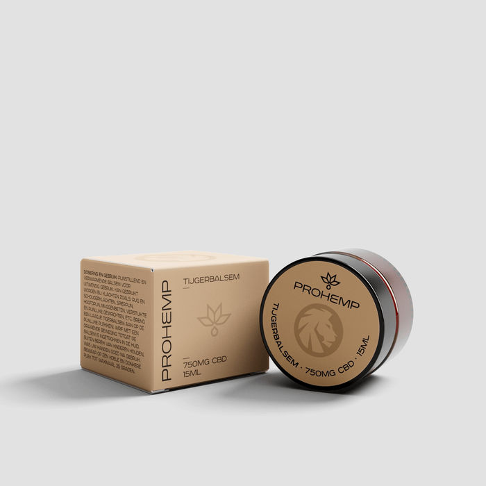 ProHEMP tiger balm jar and box, 750mg CBD, 15ml, on a light background