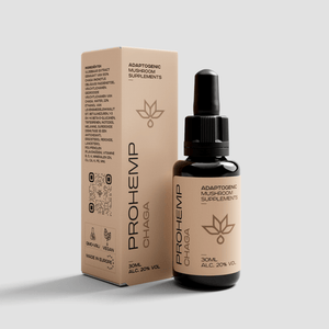 Chaga mushroom supplement tincture 30ml bottle with dropper and box, adaptogenic formula