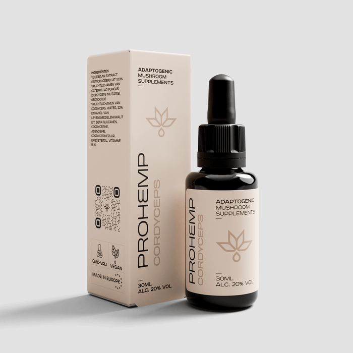 Cordyceps mushroom tincture bottle and box, 30ml adaptogenic supplement, vegan, GMO-free