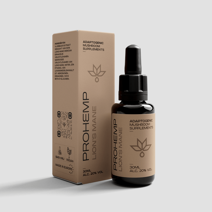 Prohemp Lions Mane adaptogenic mushroom supplement 30ml dropper bottle with box