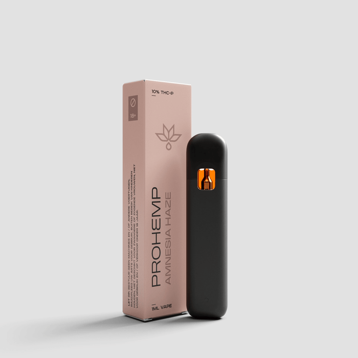 PROHEMP Amnesia Haze THC-P vape pen and box, black device beside pink packaging