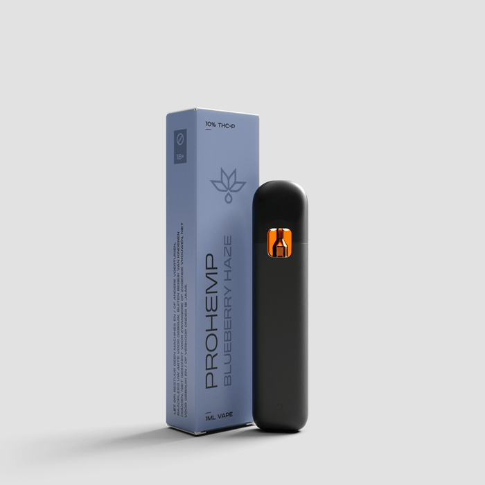 Blueberry Haze vape pen with black design next to purple box, labeled 1ml THC-P