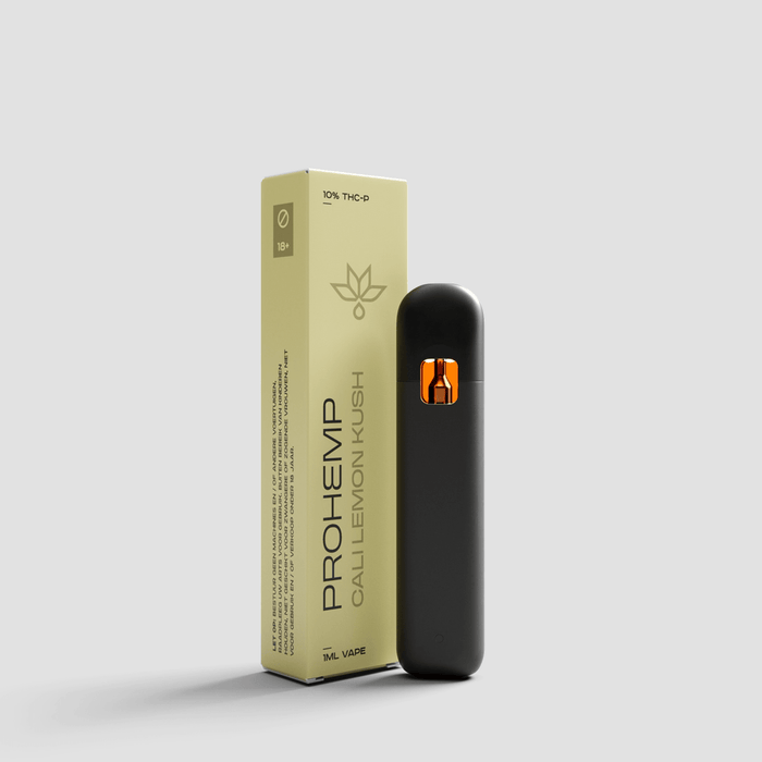 ProHemp Cali Lemon Kush vape pen and packaging, black device with gold accent, 1ml size