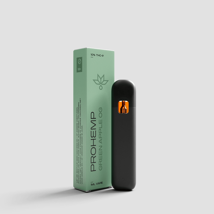 Green Apple OG vape pen with green packaging, labeled 1ml and 10% THC-P, on light background