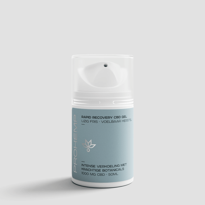 CBD gel bottle with light blue label, 1000 mg, 50 ml, for rapid recovery and cooling relief