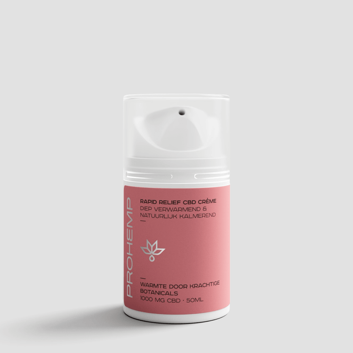 Pink and white pump bottle of rapid relief CBD crème, 1000mg, 50ml, on a light background.