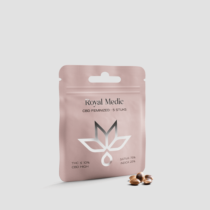 Royal Medic CBD feminized seeds pouch with seeds, clean background