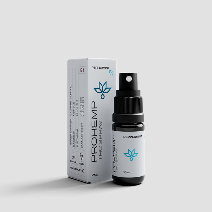 Peppermint THC spray met 20 mg THC en 5 mg CBD, 10ml fles en verpakking